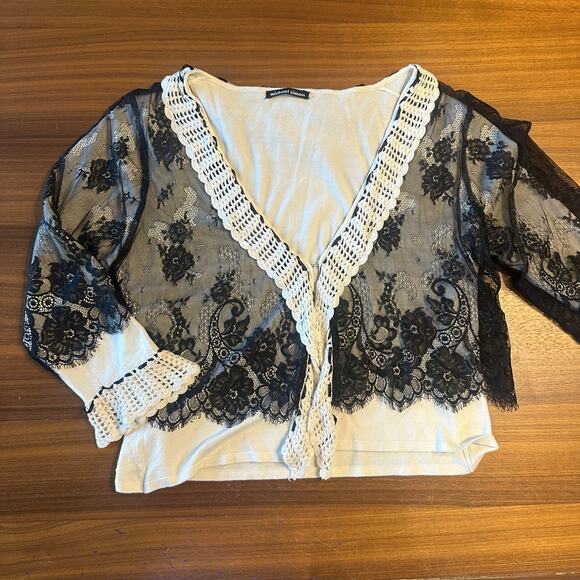 Michael Simon Vintage Cream & Black Lace Grannycore 90's Boho Cardigan, XL - Picture 4 of 8